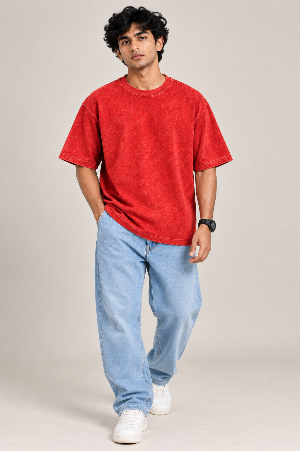 Men's Red Acid Wash 240 GSM 100% Cotton French Terry Oversized T-Shirt