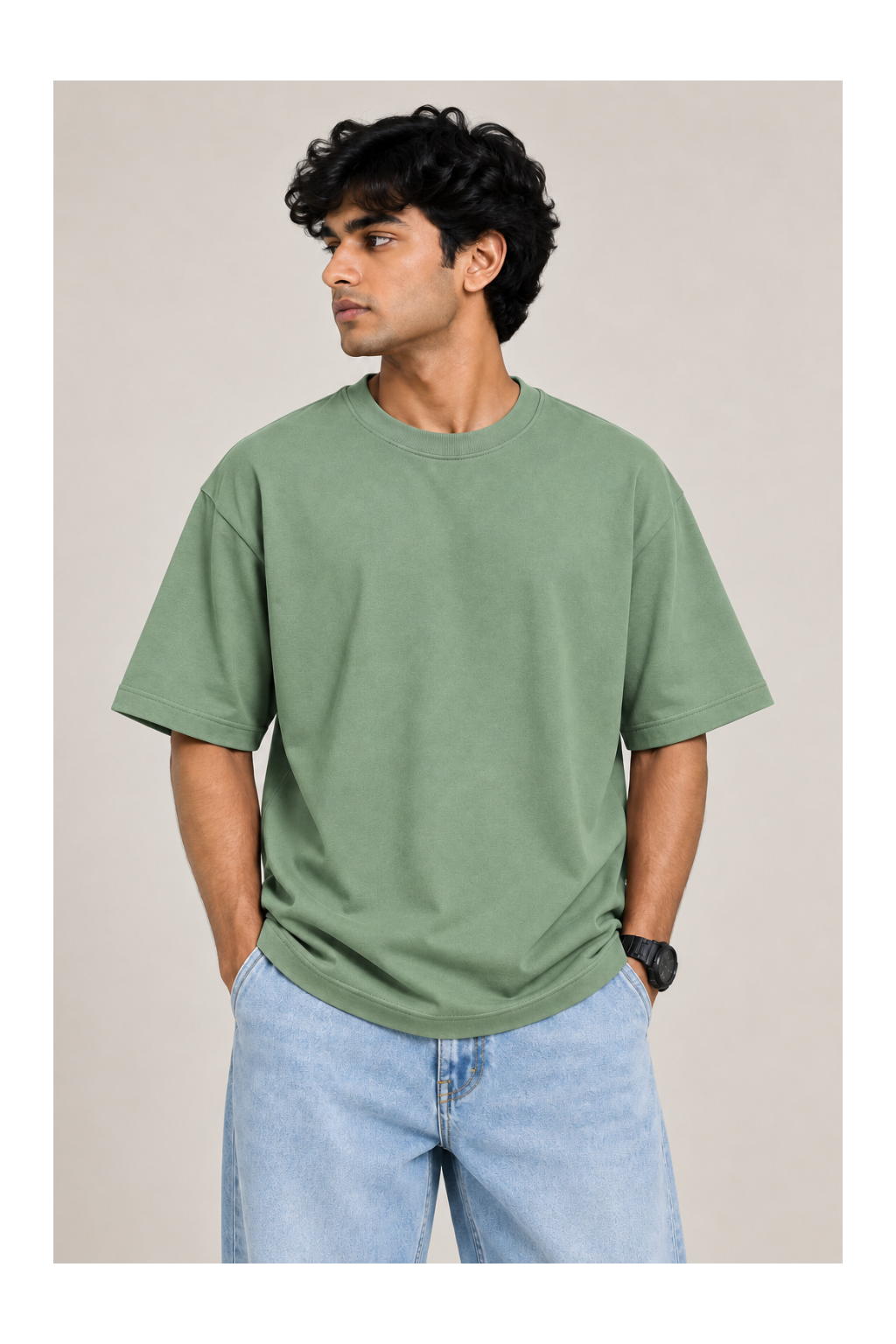 365BC men's sage green 210 GSM 100% cotton oversized T-shirt