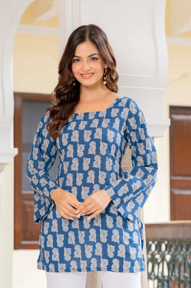 Women’s Cotton Printed Summer Tunic Top – Blue Ethnic Print