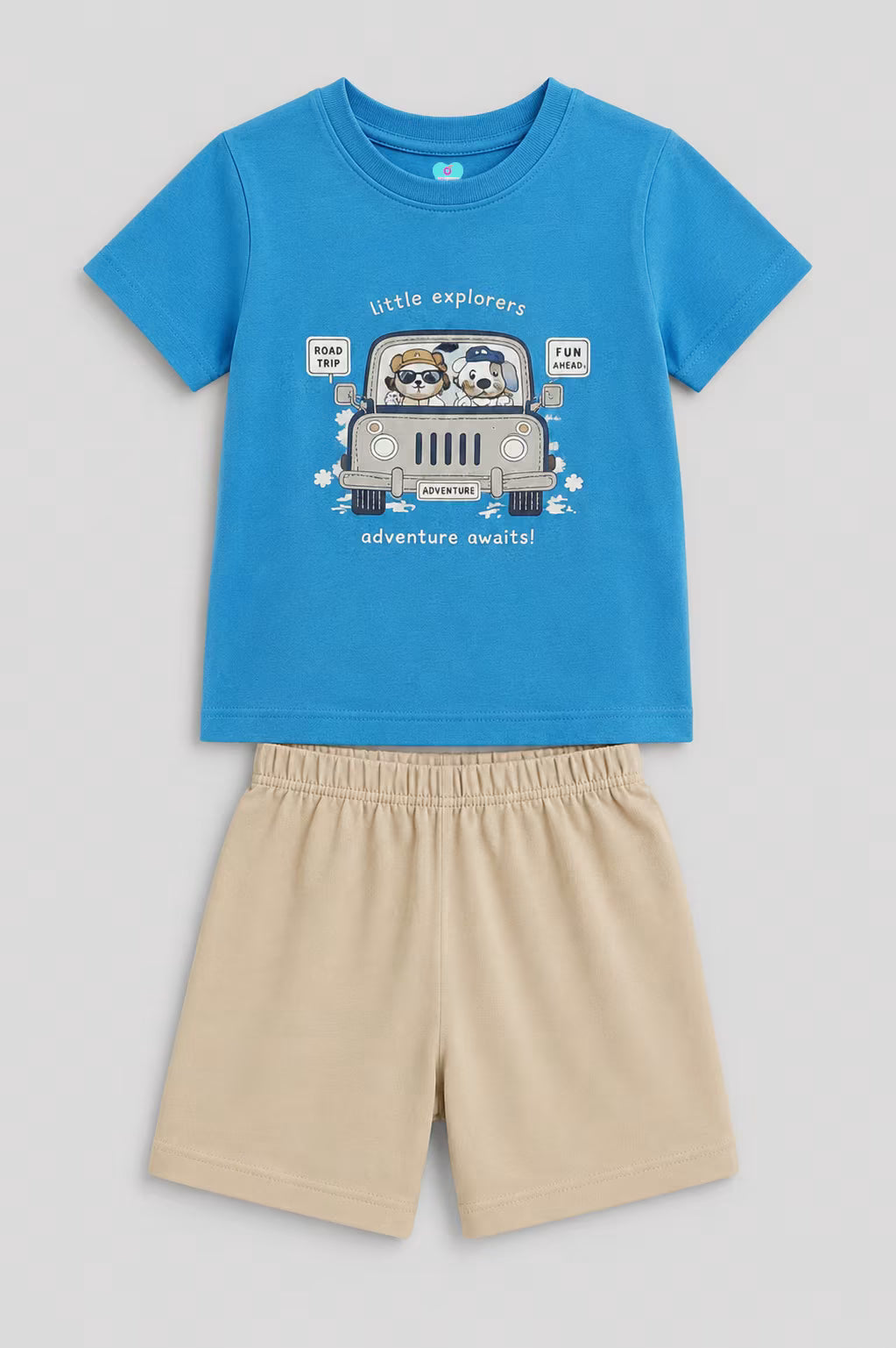 Blue Little Explorers co-ord set for boys with printed T-shirt and beige shorts