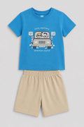 Blue Little Explorers co-ord set for boys with printed T-shirt and beige shorts