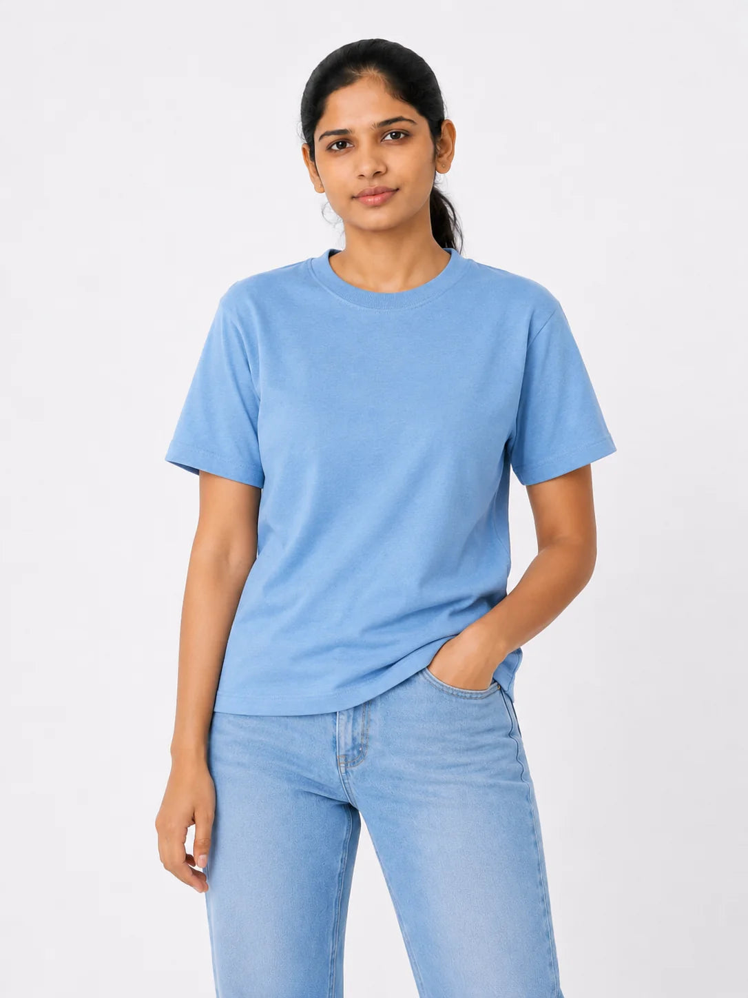 Women’s sky blue 100% cotton bio-washed T-shirt by 365BC
