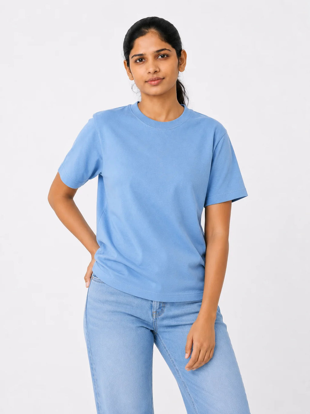 Women's 100% Cotton T-Shirt – Sky Blue | Bio-Washed Casual Tee