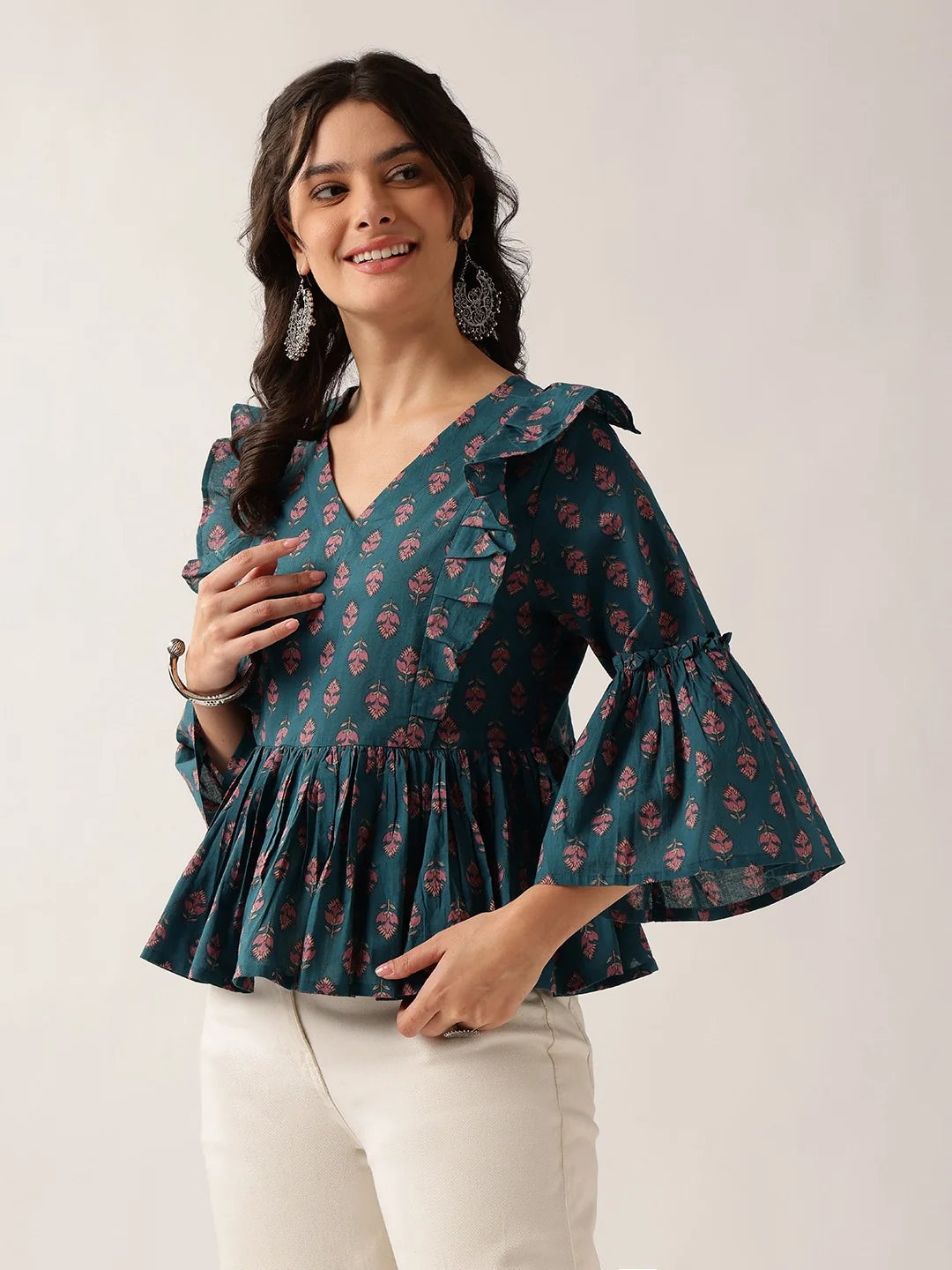 Women's Plum Printed Cotton Ruffle Peplum Top