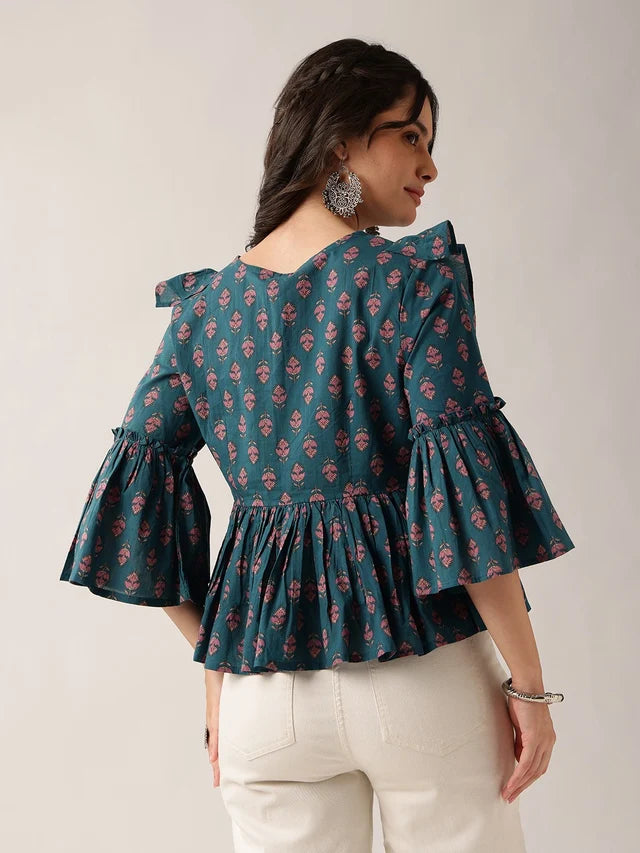 Women's Plum Printed Cotton Ruffle Peplum Top