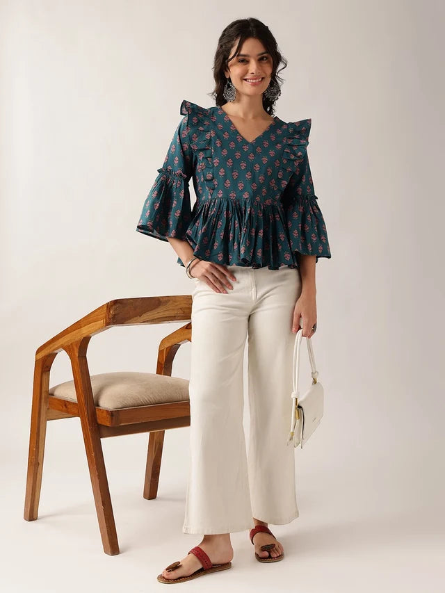 Women's Plum Printed Cotton Ruffle Peplum Top