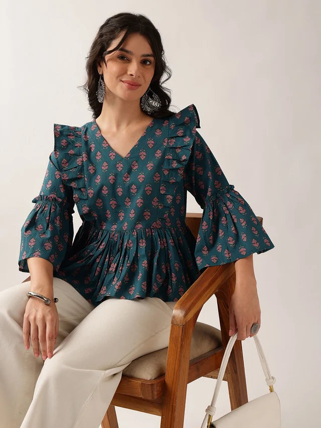 Women's Plum Printed Cotton Ruffle Peplum Top