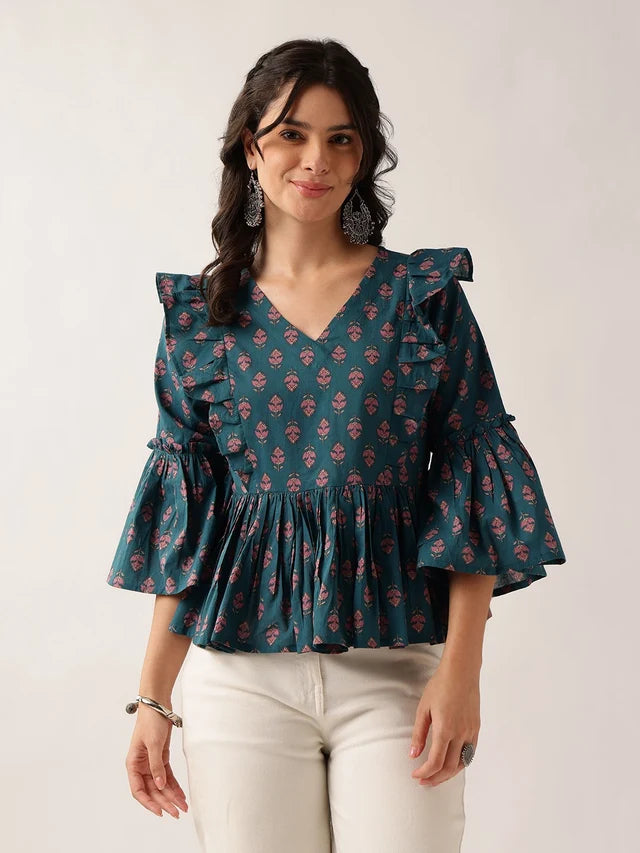 Women's Plum Printed Cotton Ruffle Peplum Top