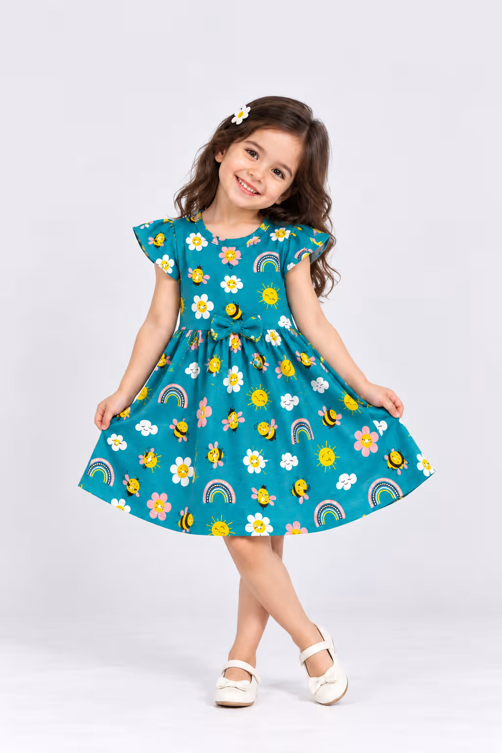 Teal blue floral printed cotton frock for girls with flutter sleeves and bow