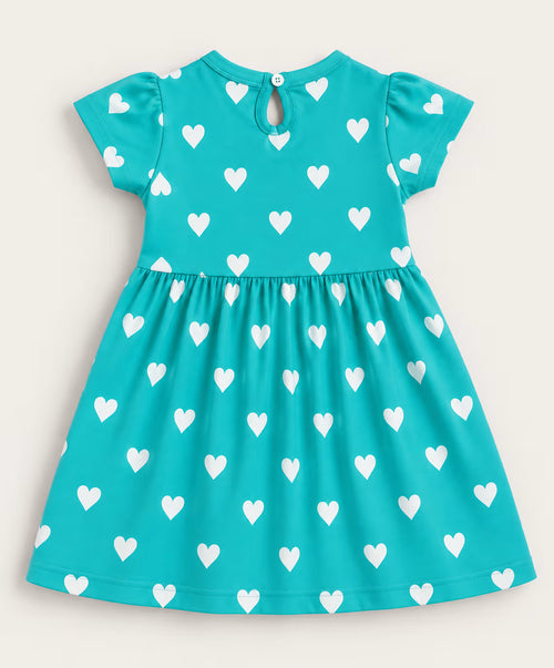 Aqua Heart Print Flutter Sleeve Cotton Frock for Girls