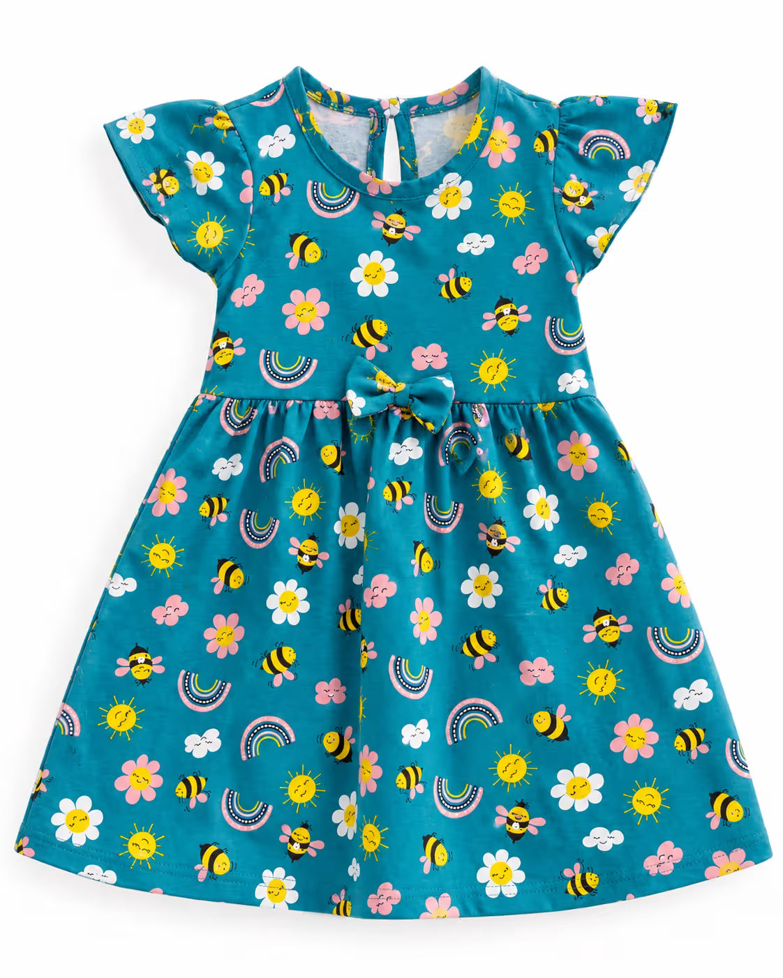 Teal Blue Floral Printed Dress for Girls | Flutter-Sleeve Cotton Frock