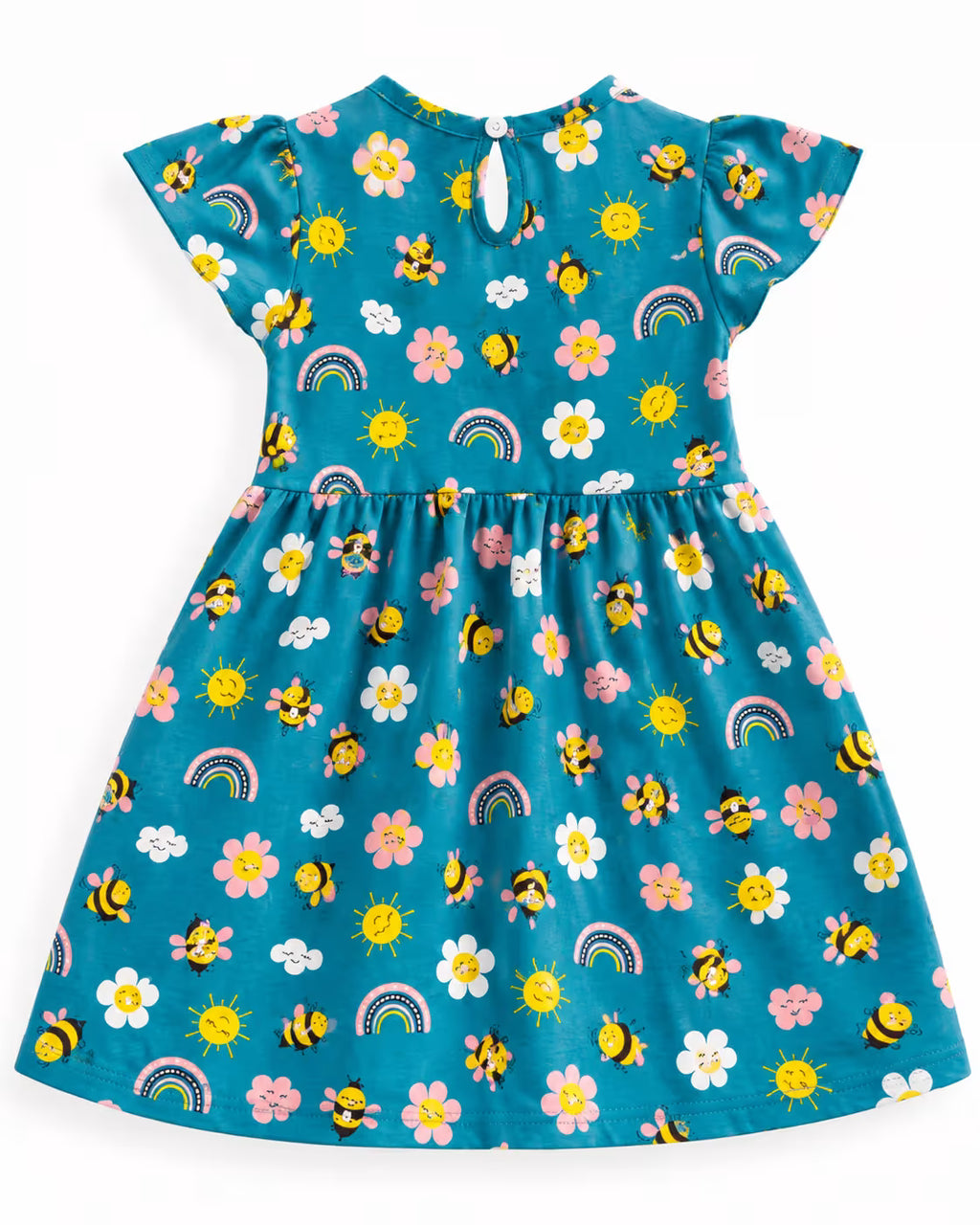 Teal Blue Floral Printed Dress for Girls | Flutter-Sleeve Cotton Frock