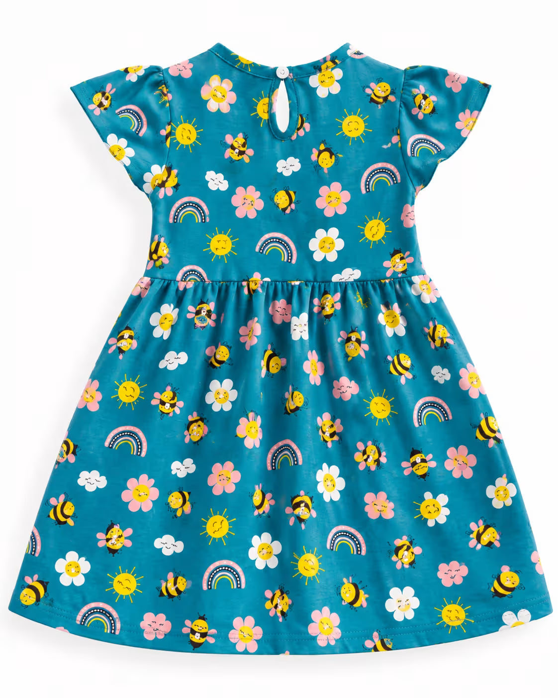 Teal Blue Floral Printed Dress for Girls | Flutter-Sleeve Cotton Frock