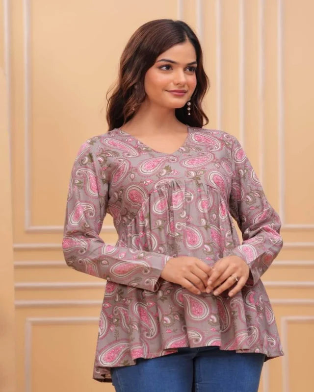 Women's taupe pink paisley printed cotton tunic top with long sleeves and relaxed fit
