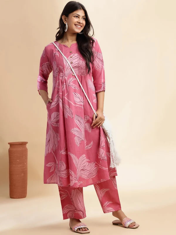 Pink leaf print cotton kurta set for women with A-line kurta and matching pants