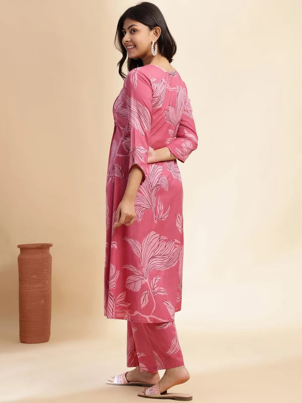 Pink Leaf Print A-Line Cotton Stitched Kurta Set
