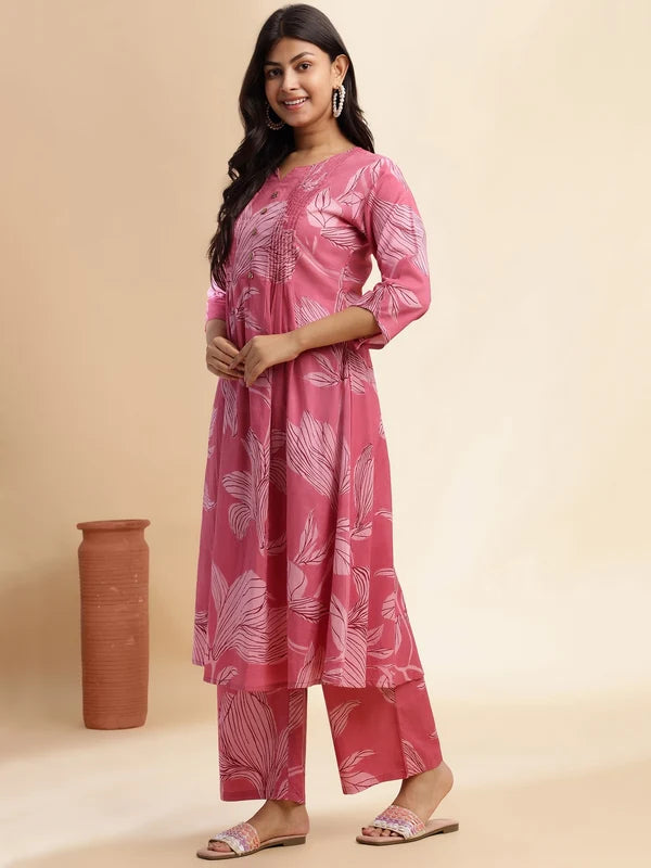 Pink Leaf Print A-Line Cotton Stitched Kurta Set