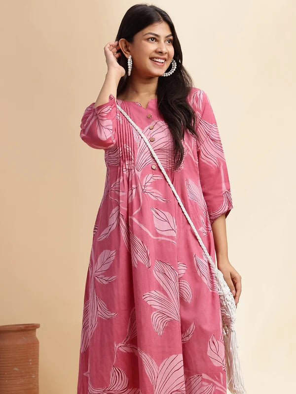 Pink Leaf Print A-Line Cotton Stitched Kurta Set