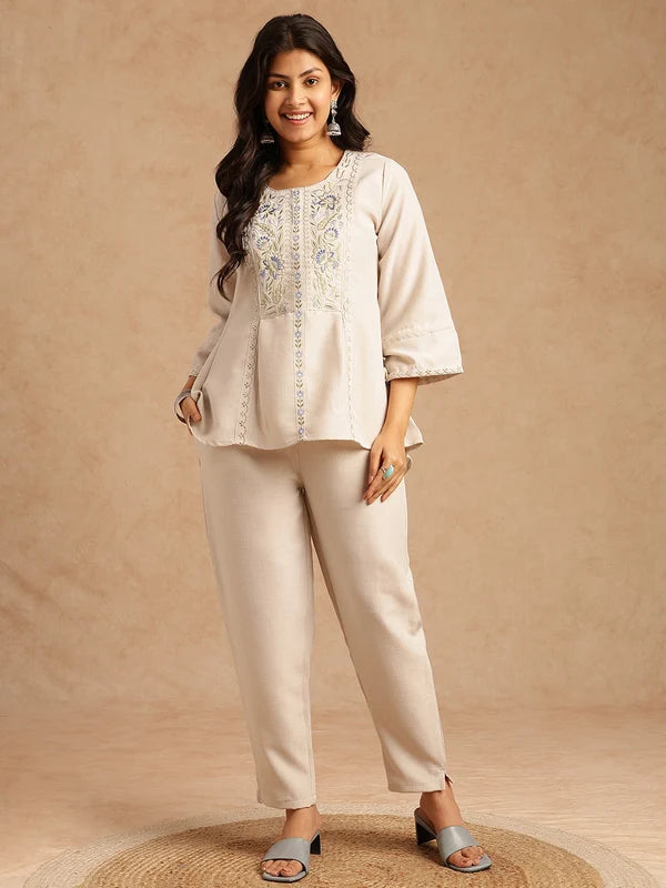Off-white linen embroidered co-ord set for women with A-line top and straight pants