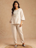 Off-white linen embroidered co-ord set for women with A-line top and straight pants