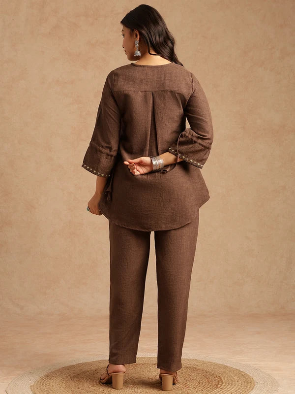 Off-White Linen Embroidered A-Line Co-Ord Set
