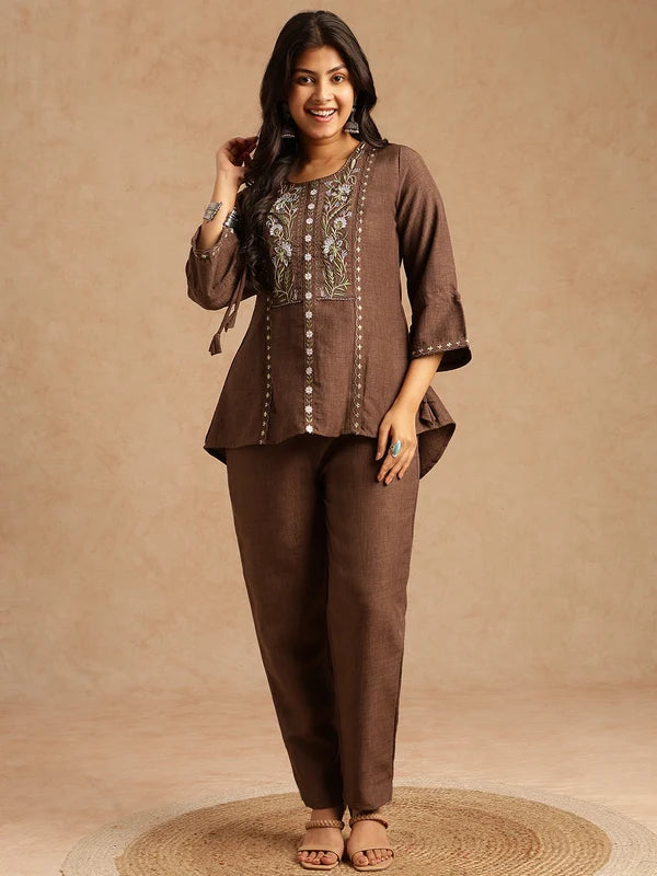 Brown linen embroidered co-ord set for women with A-line top and straight pants