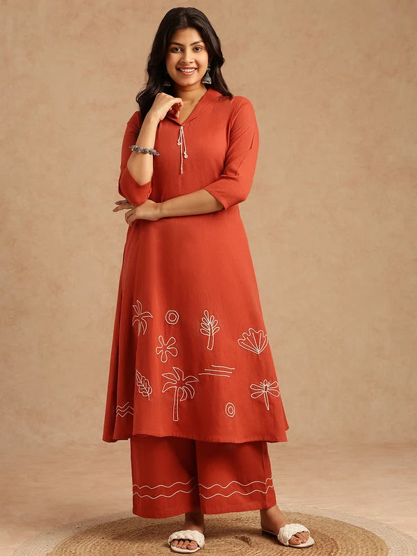Rust Orange embroidered Khadi cotton kurta set for women with A-line kurta and pants