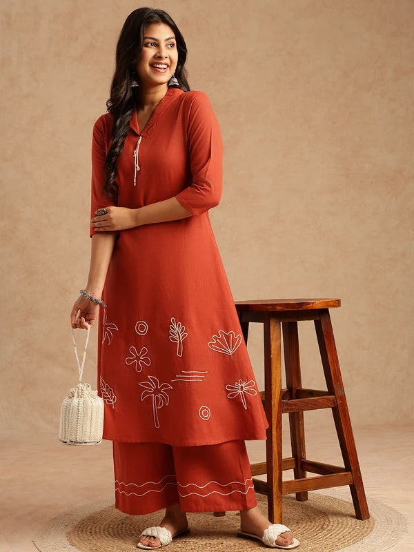 Dark Teal Embroidered Khadi Cotton Kurta Set