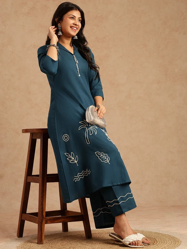 Dark Teal Embroidered Khadi Cotton Kurta Set