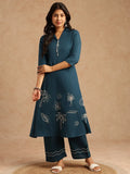 Dark teal embroidered Khadi cotton kurta set for women with A-line kurta and pants