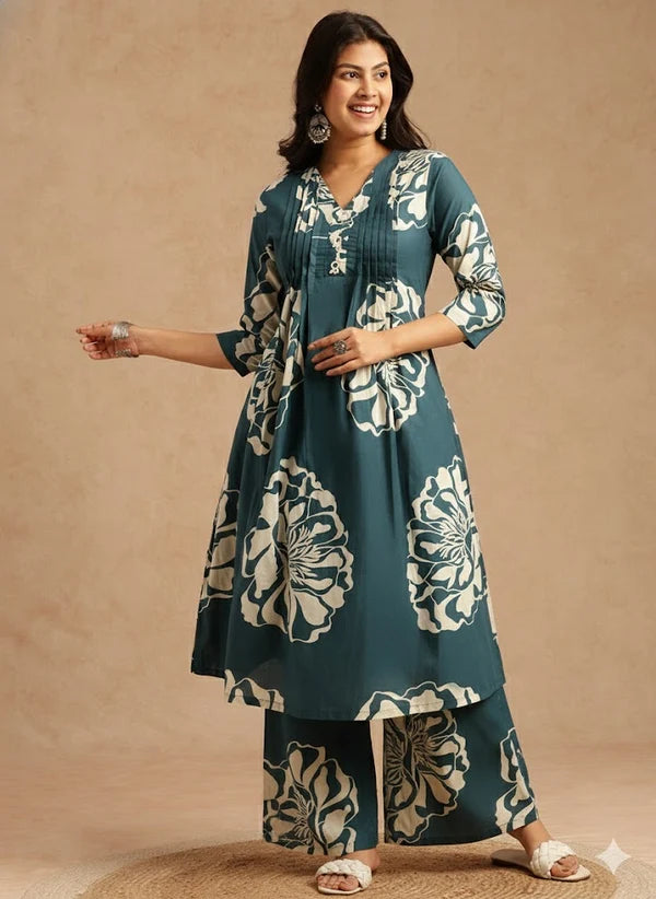 Tale floral printed cotton kurta set for women with A-line kurta and matching pants