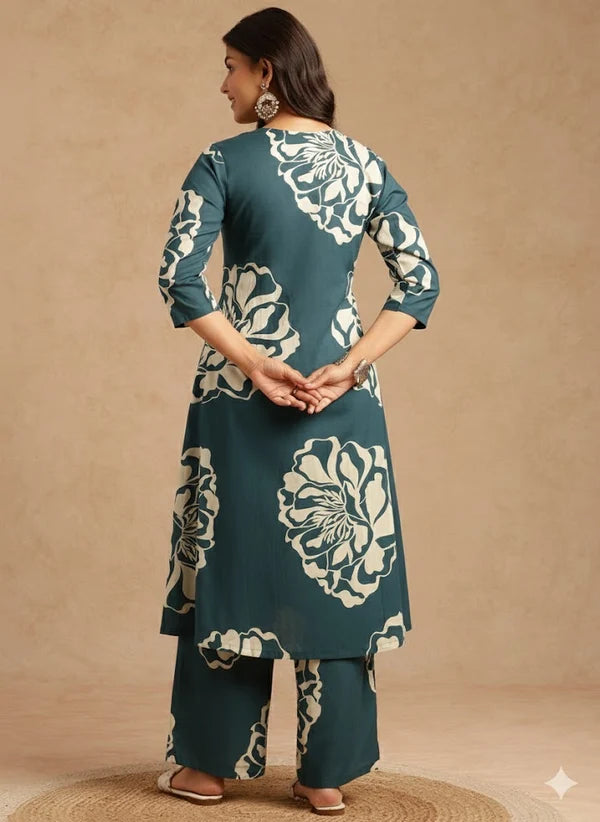 Violet Floral Print A-Line Cotton Stitched Kurta Set