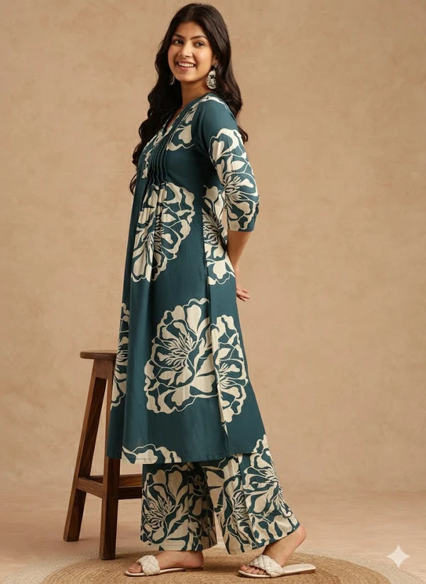 Violet Floral Print A-Line Cotton Stitched Kurta Set