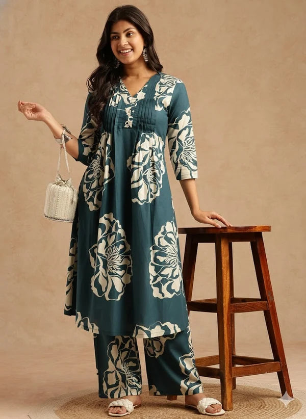 Violet Floral Print A-Line Cotton Stitched Kurta Set