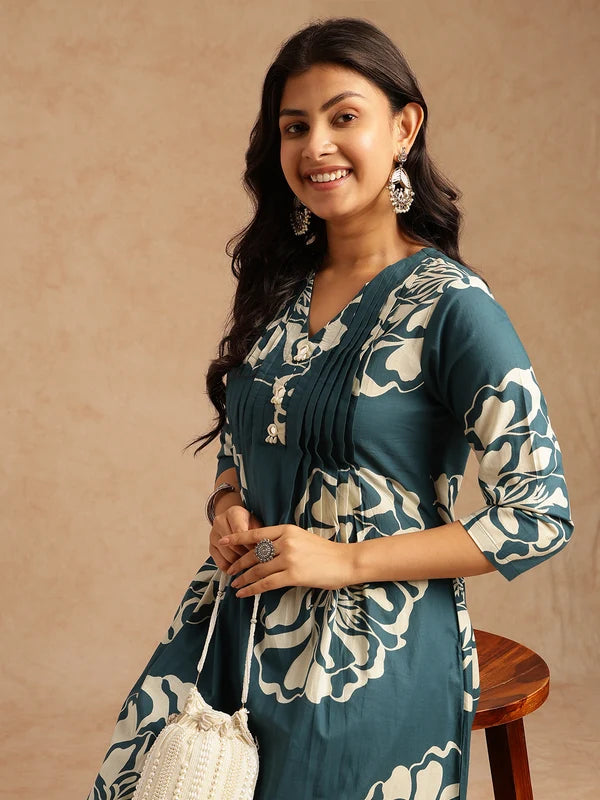 Violet Floral Print A-Line Cotton Stitched Kurta Set
