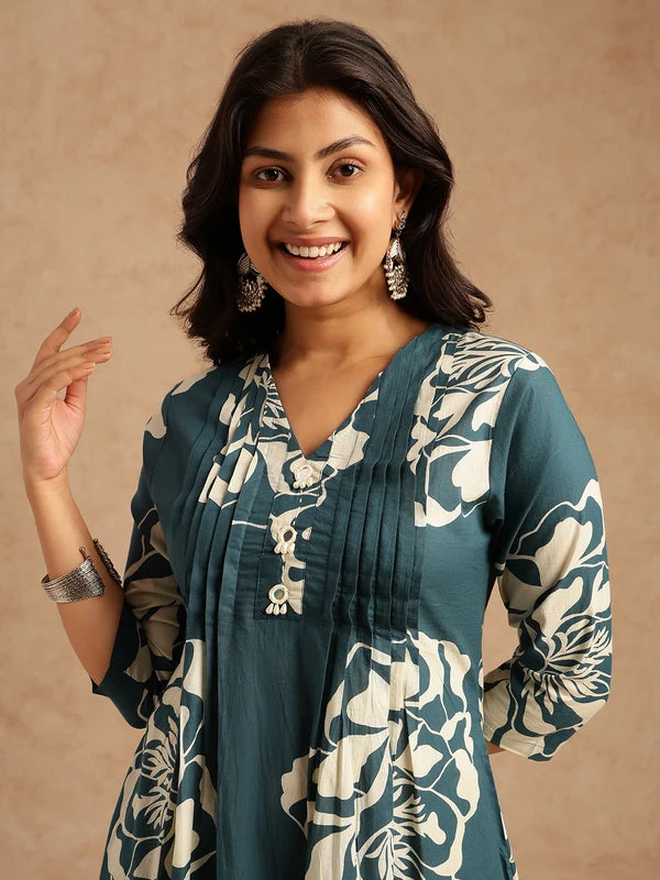 Violet Floral Print A-Line Cotton Stitched Kurta Set