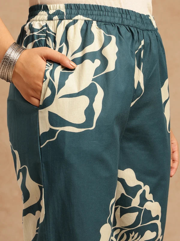 Violet Floral Print A-Line Cotton Stitched Kurta Set