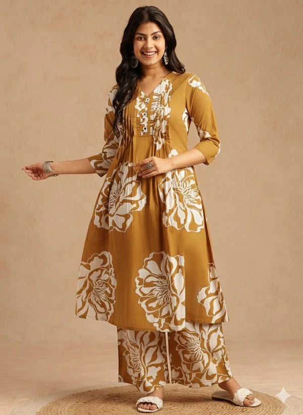 Mustard Yellow floral printed cotton kurta set for women with A-line kurta and matching pants