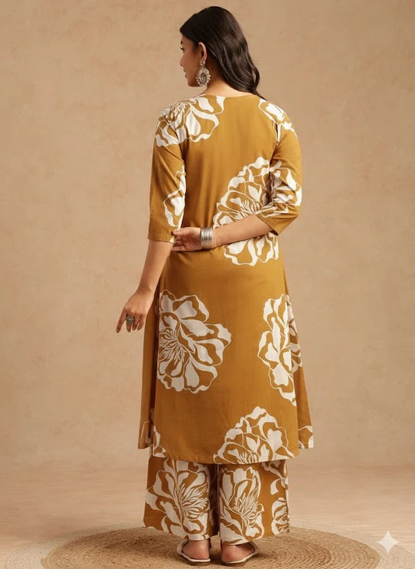 Violet Floral Print A-Line Cotton Stitched Kurta Set