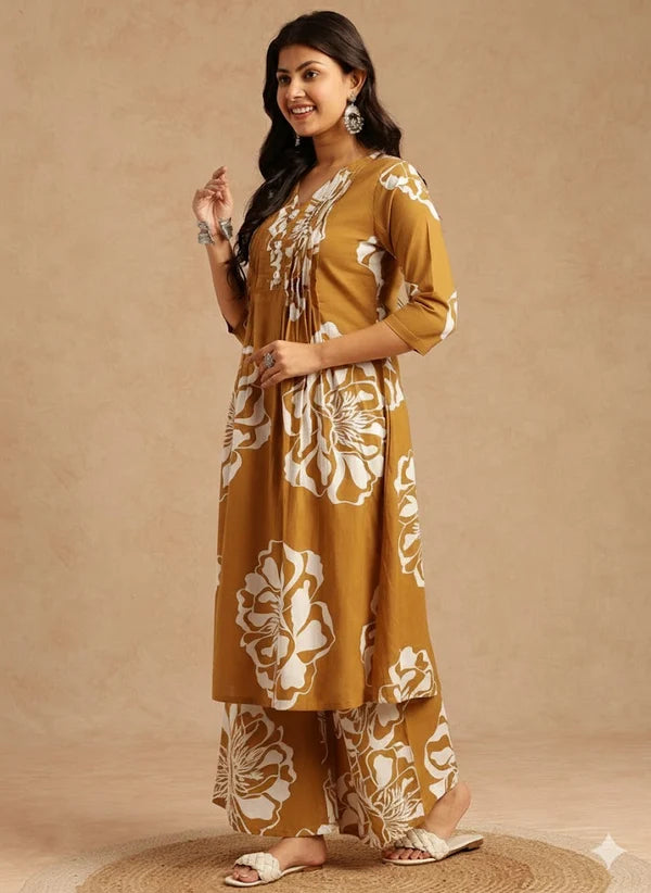 Violet Floral Print A-Line Cotton Stitched Kurta Set