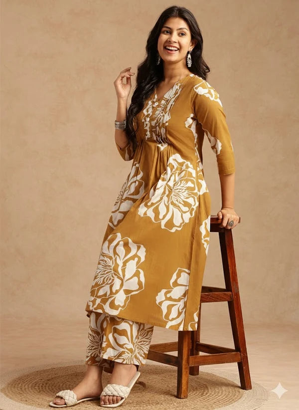 Violet Floral Print A-Line Cotton Stitched Kurta Set