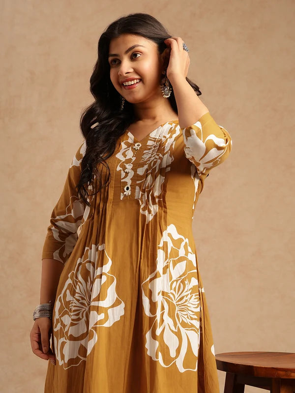 Violet Floral Print A-Line Cotton Stitched Kurta Set