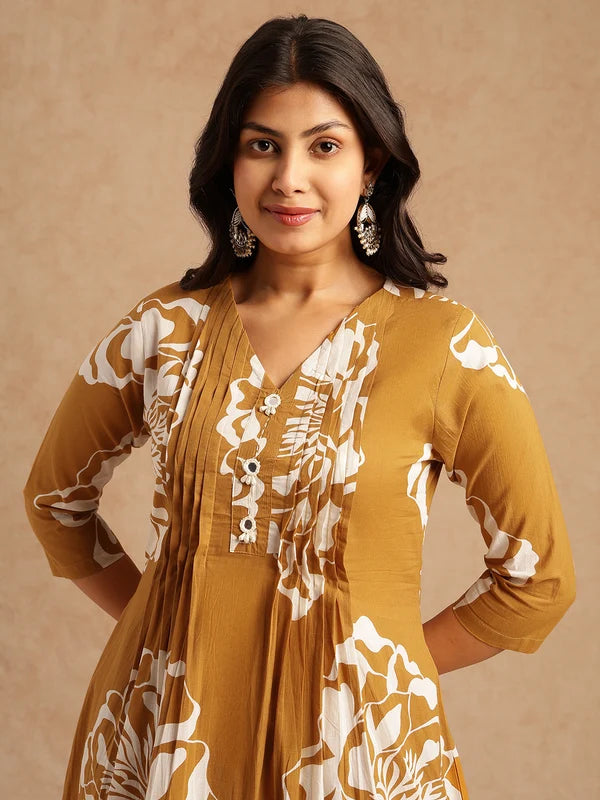 Violet Floral Print A-Line Cotton Stitched Kurta Set