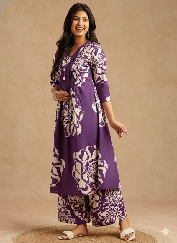 Violet floral printed cotton kurta set for women with A-line kurta and matching pants