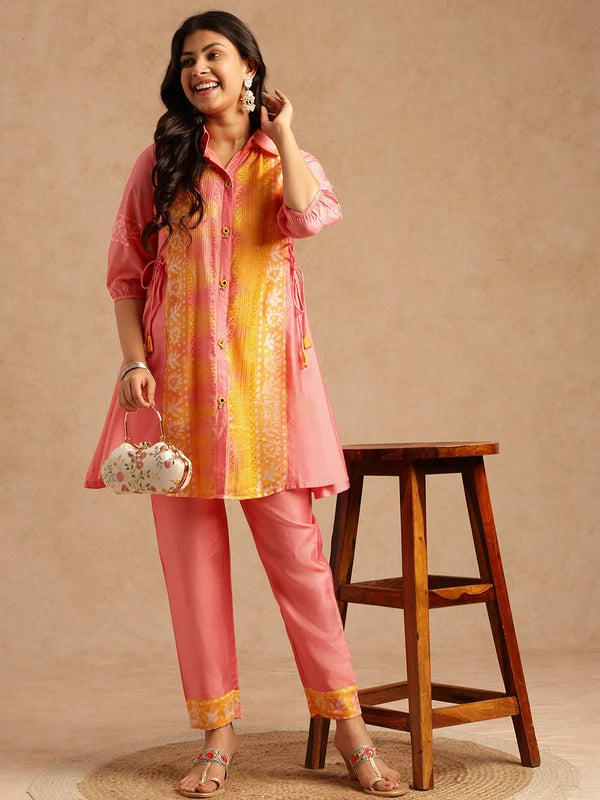 Pink batik printed Chanderi kurta set for women with A-line kurta and pants