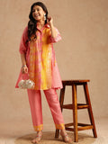 Pink batik printed Chanderi kurta set for women with A-line kurta and pants