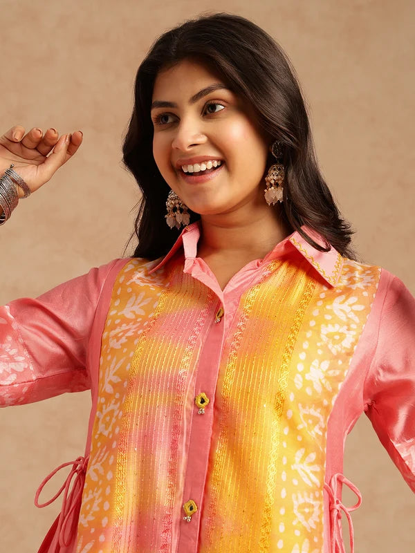 Pink Batik Print A-Line Chanderi Stitched Kurta Set