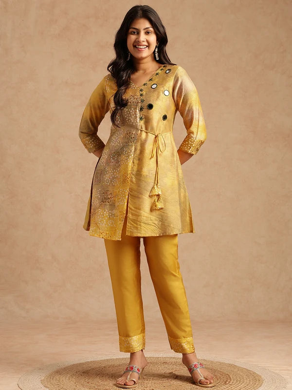 Yellow embroidered Chanderi kurta set for women with A-line kurta and pants