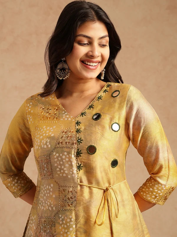 Yellow Embroidered A-Line Chanderi Stitched Kurta Set