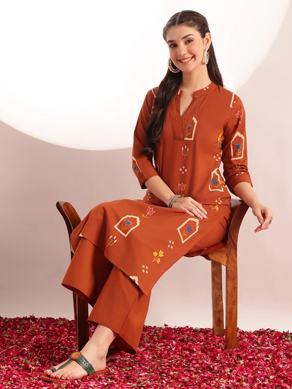 Rust Orange Printed Cotton Kurta Set for Women